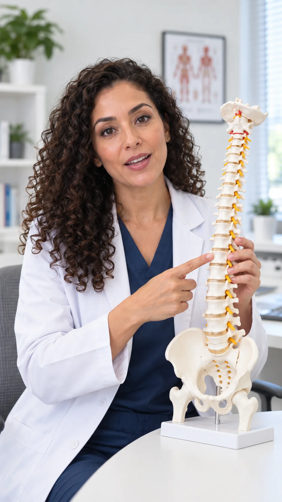 Escena ilustrativa de una profesional explicando con un modelo de columna