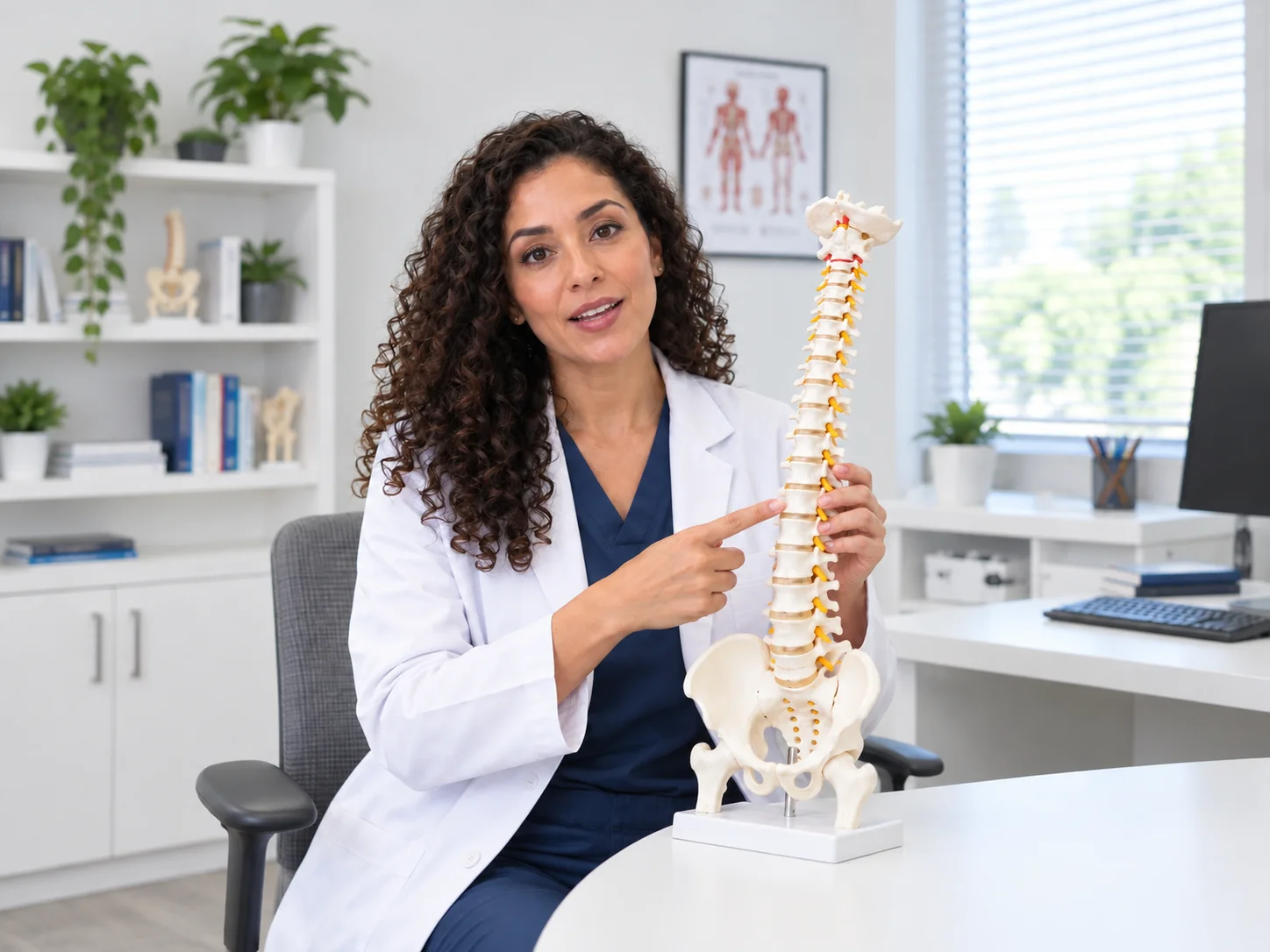 Escena ilustrativa de una profesional explicando con un modelo de columna