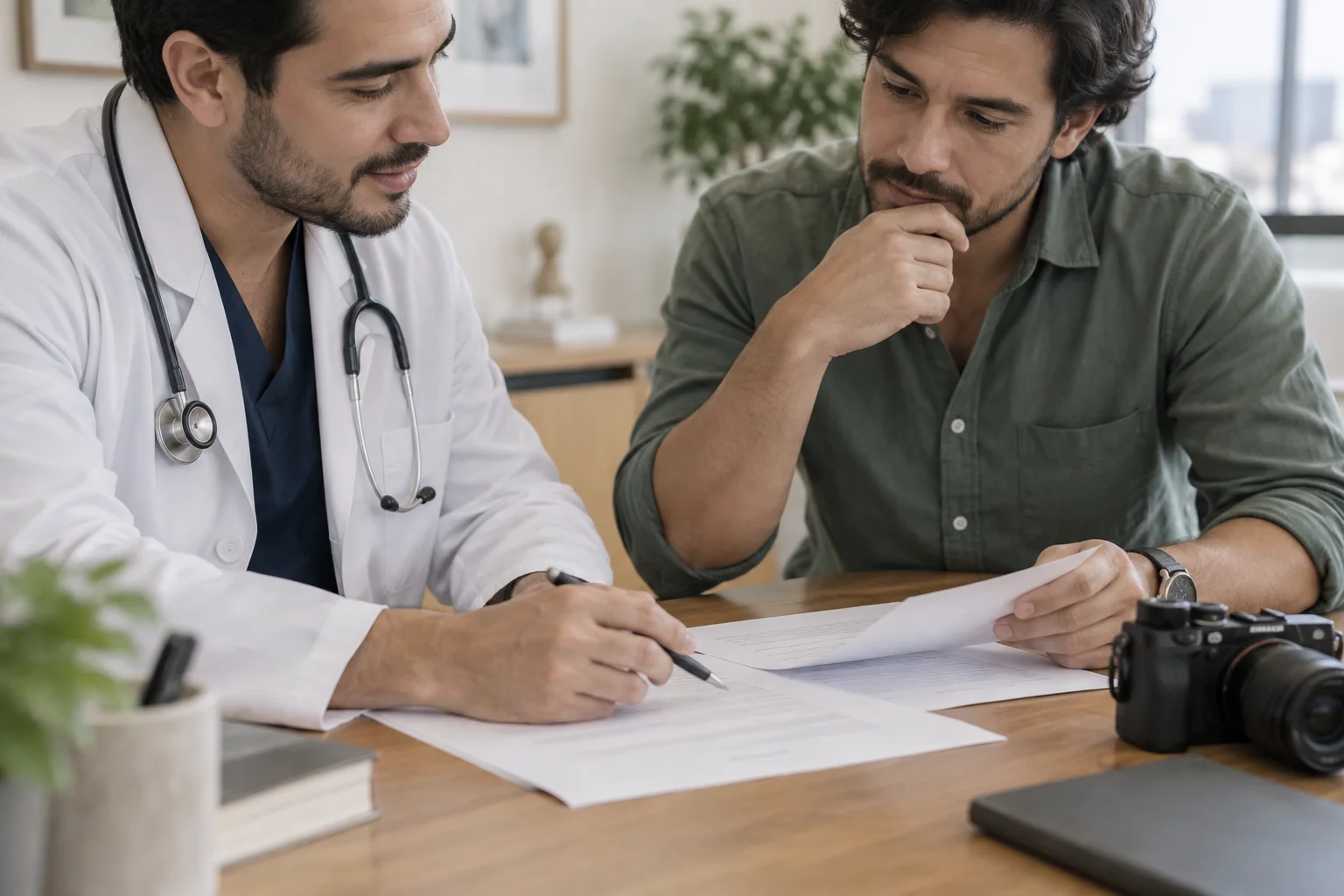 Escena ilustrativa de preparación de un guion entre un médico y un productor